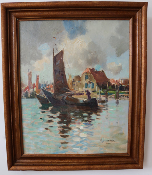Albert Klein Sprokkelhorst (1887-1968) painting Boats in the Volendam harbour