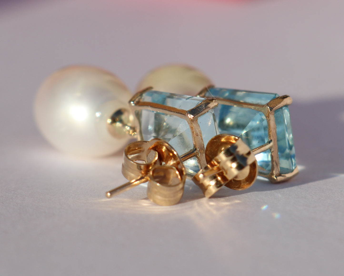 SOLD 14 kt gold earrings with aquamarine and cultured pearls