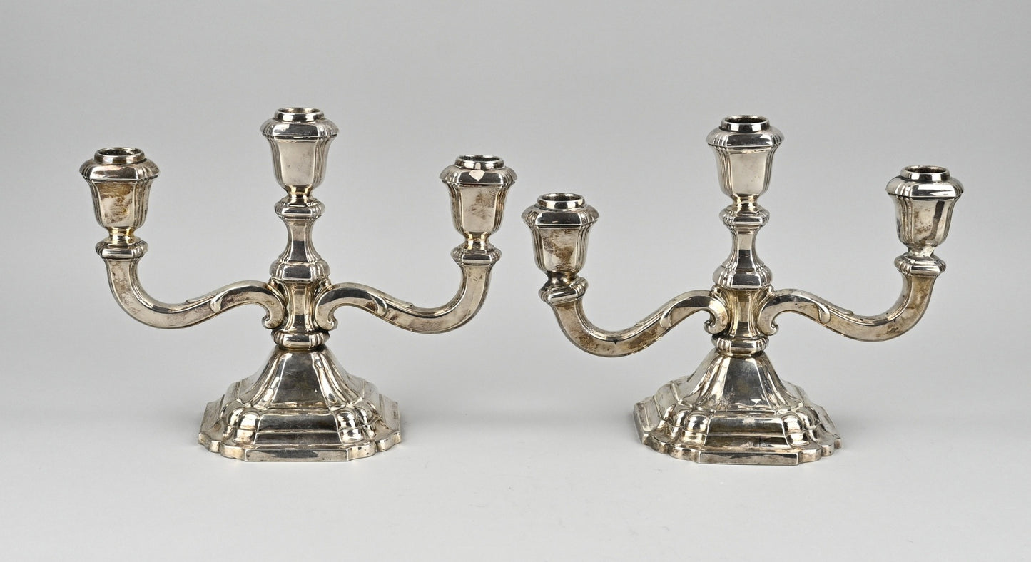Sterling 925 zilveren kandelaars 1220 gram, 3-armig Duits 20ste eeuw antieke