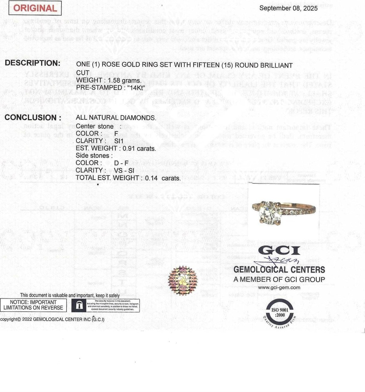 14 kt gouden ring gezet met 1.17 ct diamanten, centrale 0.91 ct. SI1 -F top wit