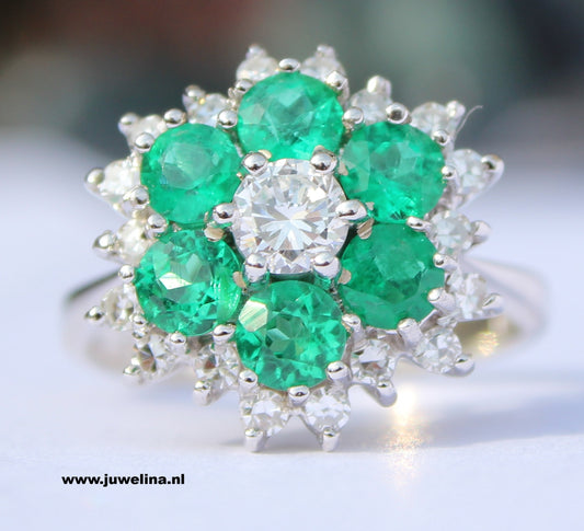 VERKOCHT 14 kt gouden ring smaragden diamanten natuurlijk vintage