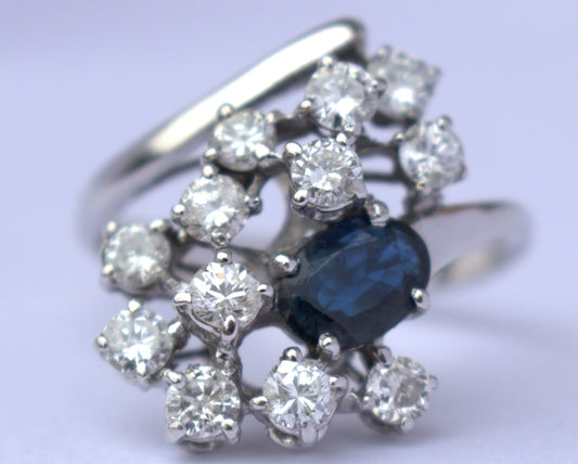 14 kt gouden ring 1.20 ct diamanten met saffier