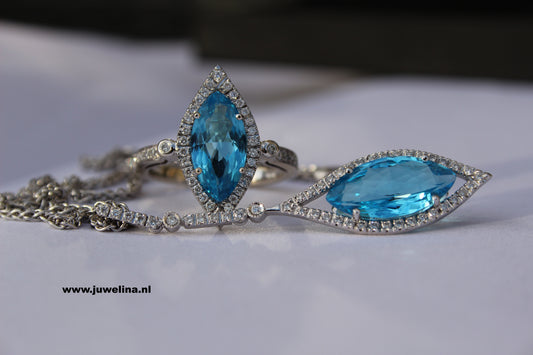 Verkocht vintage 2019, 14 kt gouden set topazen diamanten collier en ring